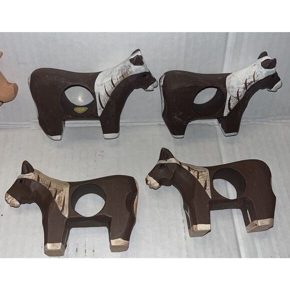 VINTAGE 8 Wooden Napkin Rings Rustic Farm Animals 3" hand painted Cat, pig,horse - Picture 5 of 8